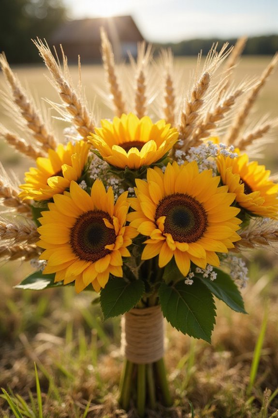 rustic sunflower and wheat arrangement